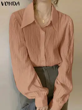 Rudeniniai marškiniai Moteriška Elegantiška palaidinė ilgomis rankovėmis 2023 VONDA Fashion Lapel Casual Solid Color Slim Blusas Femininas Buttons Tops