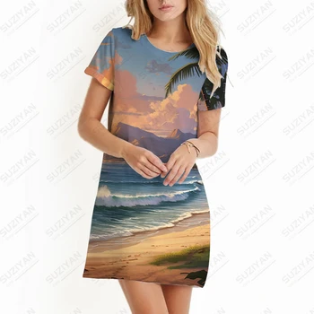 Pajūrio paplūdimys 3D spausdinta suknelė Atostogos Laisvalaikio suknelė Vasaros pagrindinė suknelė trumpomis rankovėmis Laisva laisvalaikio didelio dydžio suknelė