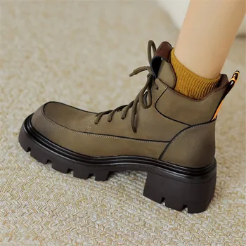 2023 Nauji rudens padalinti odiniai moteriški batai Apvalūs pirštų nėriniai Platforminiai batai moterims Stambūs kulniukai Batai Mada Žieminiai batai Moterys