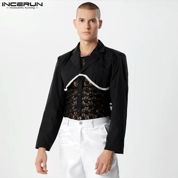2023 Vyriški Blazer Patchwork Hollow Out Lapel ilgų rankovių sagos Laisvalaikio kostiumai Streetwear Fashion Unisex Crop Coats S-5XL INCERUN