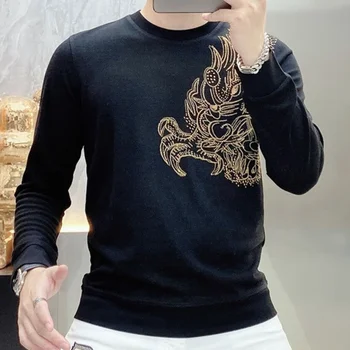 Vyriški marškinėliai ilgomis rankovėmis Fall Luxury Black Gold Dragon Pattern Rhinestones Bottom T-Shirt Social Club Apranga Trikotažiniai marškinėliai Homme