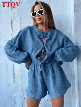 TTQV Casual New Blue Cotton Womens 2 dalių aprangos komplektas Elegantiški marškiniai ilgomis rankovėmis ilgomis rankovėmis ir paprasti vientisi šortų komplektai