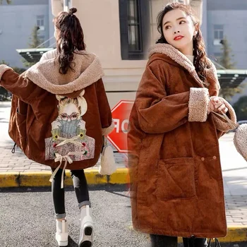 2023 Žieminis medvilninis paltas Moterys Vidutinio ilgio medvilninė striukė Korėjietiškas laisvas medvilninis paltas Ėriuko imitacija Vilna Velvetinis kailis Storas priemiestis