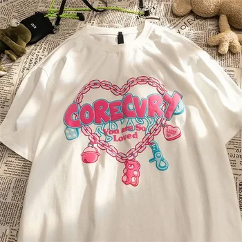Moteriški marškinėliai Harajuku Grandinė Meilės spauda Graffiti Marškinėliai trumpomis rankovėmis Moteriška banga Gatvės hiphopas Laisvi oversize gatvės drabužiai