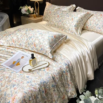 Real 4 Vnt Maišant šilko šilko patalynės komplektą Gėlės Antklodės užvalkalas Lovos paklodės komplektas Karališka lova Prigludusi tekstilė Pagalvių užvalkalai Namų komplektai