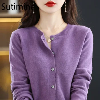 Sutimine prašmatnus megztas megztinis Moteriški megztiniai Korėjietiško stiliaus megztiniai ilgomis rankovėmis Megztiniai Elegantiškas Paprastas vientisas violetinis megztinis