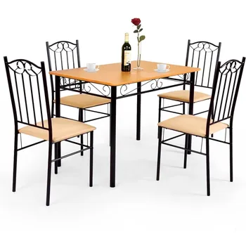 5 dalių valgomojo stalo komplektas, senovinis medinis viršutinis paminkštintas valgomojo stalas ir kėdžių komplektas, namų virtuvės valgomojo baldai