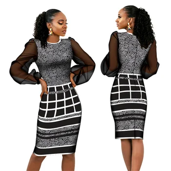 BintaRealWax Afrikietiškos suknelės moterims ilgomis verpalų rankovėmis Suknelė iki kelių su patchwork WY590
