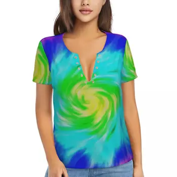 Tie Dye Spiral marškinėliai Rainbow Print Harajuku marškinėliai Sexy Deep V Neck trumpomis rankovėmis Design Tops 2024 Street Wear drabužiai