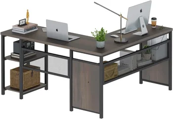  formos kompiuterio stalas, pramoninis namų biuro stalas su lentynomis, kaimiško medžio ir metalo kampinis stalas (riešutmedžio rudos spalvos, 59 colių)