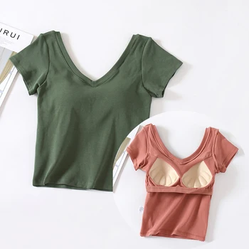 Moteriški įmontuoti krūtinės formos marškinėliai Vientisi ploni V formos kaklo trumpi viršutiniai marškiniai Moteriški vasariniai medvilniniai apatiniai marškiniai