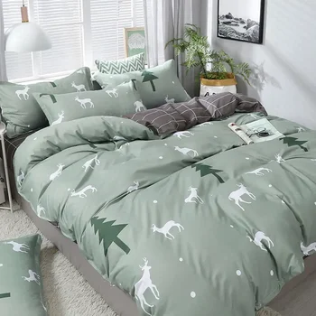 Skubotos mados kalėdinės patalynės komplektas Plokščios paklodės antklodės užvalkalas Pagalvės užvalkalo derinys Namų tekstilė Linas Žalia Rožinė Gėlių lova