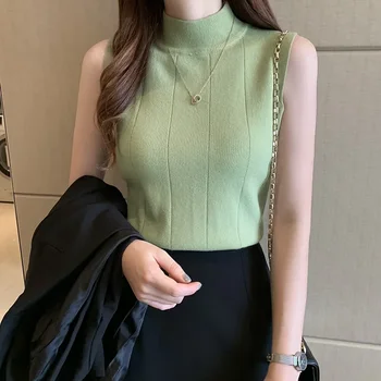 Moterys Korėjiečių naujienos 2021 m. Vasaros vėžlys be rankovių marškinėliai megzti elastiniai laisvalaikio drabužiai Solid Ladies Fashion Tops marškinėliai Indie