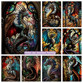 Fantasy Dragon Animal Vitražas Full Diamond Painting Art Western Fierce Beast Crystal Cross Stitch Mosaic Home Decor