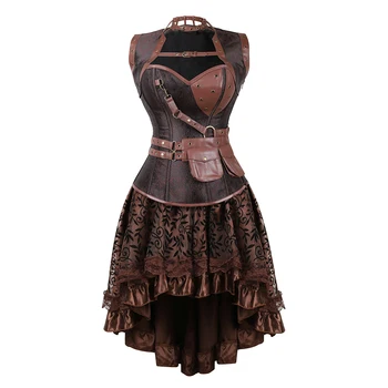 Steampunk korsetinė suknelė moterims Vintažinė dirbtinės odos korsetų viršūnės Sijonų komplektai Seksualūs bustiers Gotikiniai sijonai Piratų kostiumas Ruda
