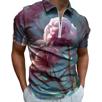 gėlių paviršiaus polo marškinėliai rožiniai gėlių atspaudas kasdieniai gatvės stiliaus vyriški trumpomis rankovėmis atverčiamos apykaklės dizaino marškinėliai