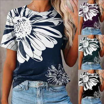 WorCoer Plus Size Gėlių marškinėliai Moteriški marškinėliai trumpomis rankovėmis T-shrit Vasaros mados laisvalaikio topai Ladies Oversize Printing Tee Tops 6XL
