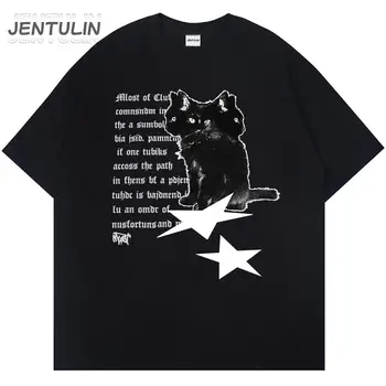 Hip Hop Vyriški marškinėliai Streetwear Y2K Black Cats Star Graphic Print marškinėliai Harajuku Fashion Punk Goth Cotton Loose Tees Y2K Tops