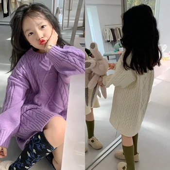 Vaikų drabužiai Mergaičių megztinio suknelė 2023 m Nauja madinga korėjietiško stiliaus rudens žiema Nauja stora apvalaus kaklo megztinio suknelė