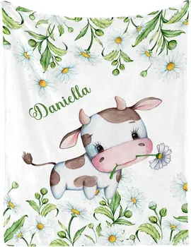 Ramunėlių Daisy karvės personalizuota vaikiška kūdikių antklodė pritaikyta 30 x 40 colių metimui su pavadinimo tekstu mergaičių berniukų kūdikių dušui