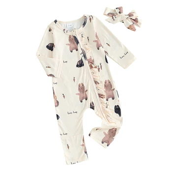 Baby Girl Velykų apranga ilgomis rankovėmis Zuikis Morkų romperis Kombinezonas Ruffle Užtrauktukas Mieli kūdikių triušio drabužiai