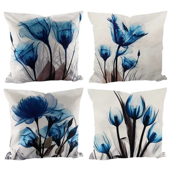 Dekoratyviniai mesti pagalvių užvalkalai Mėlyni gėlių pagalvėlių užvalkalai Lininiai kvadratiniai mesti pagalvių užvalkalai svetainei Pagalvių užvalkalai